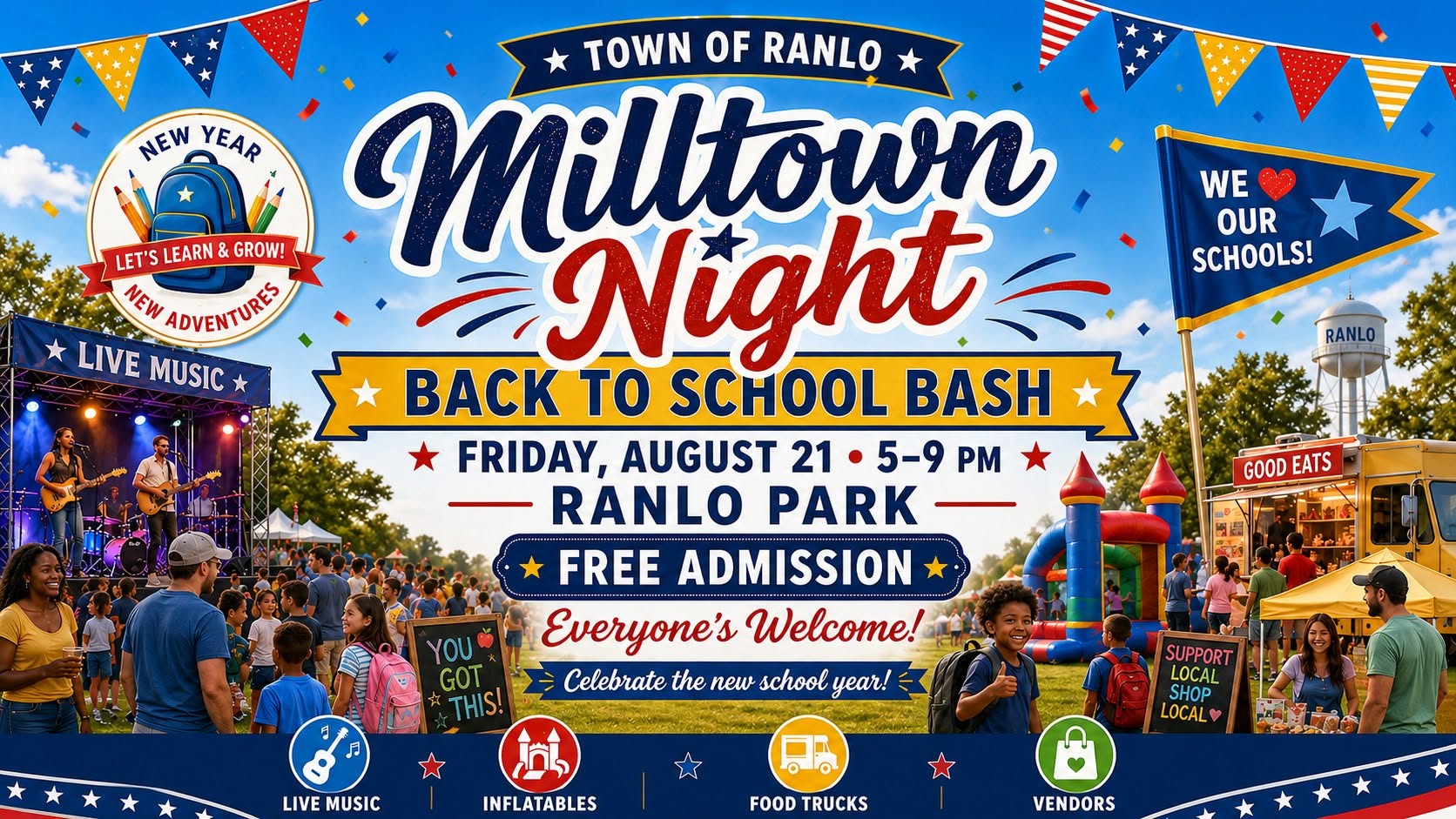 Town of Ranlo Milltown Night Back to School Bash flyer — Friday August 21, 5–9 PM at Ranlo Park with live music, inflatables, food trucks, and vendors