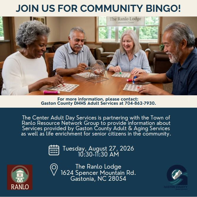 Community Bingo flyer for an event at The Ranlo Lodge on Tuesday, August 27, 2026 from 10:30 to 11:30 AM