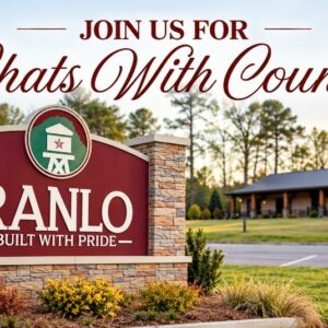 Ranlo town sign at sunset with the words Join us for Chats With Council