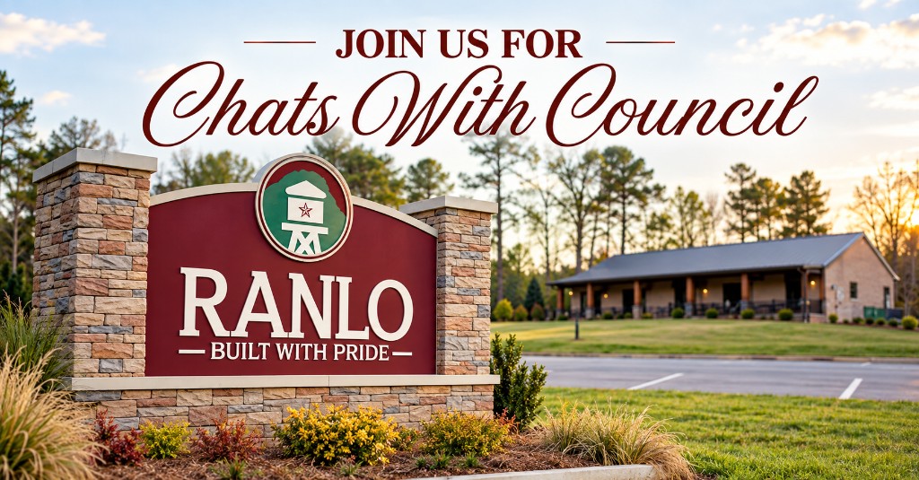 Ranlo town sign at sunset with the words Join us for Chats With Council